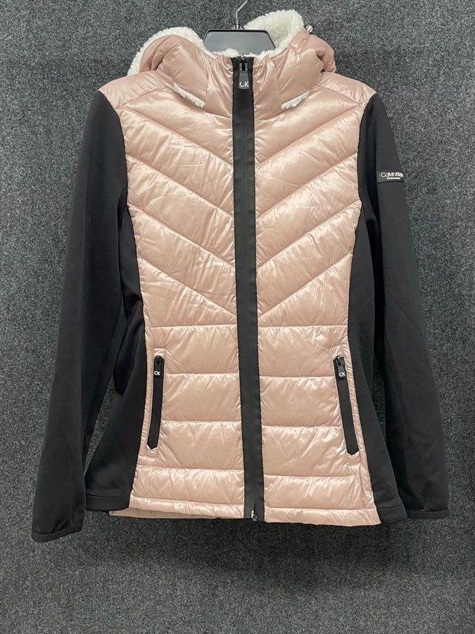 Calvin Klein Performance Women's Pink Black Quilted Hooded Puffer Jacket Size M