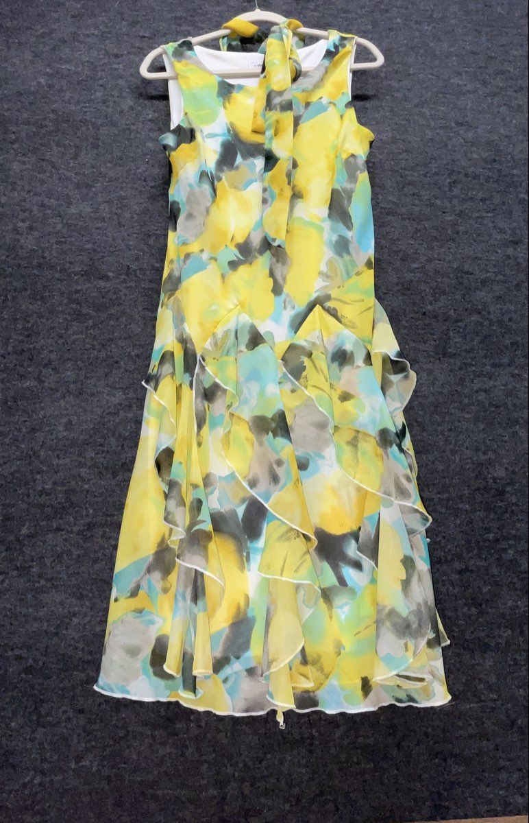 Robbie Bee Women's Yellow Floral Tiered Ruffle Tie Neck Dress Size M