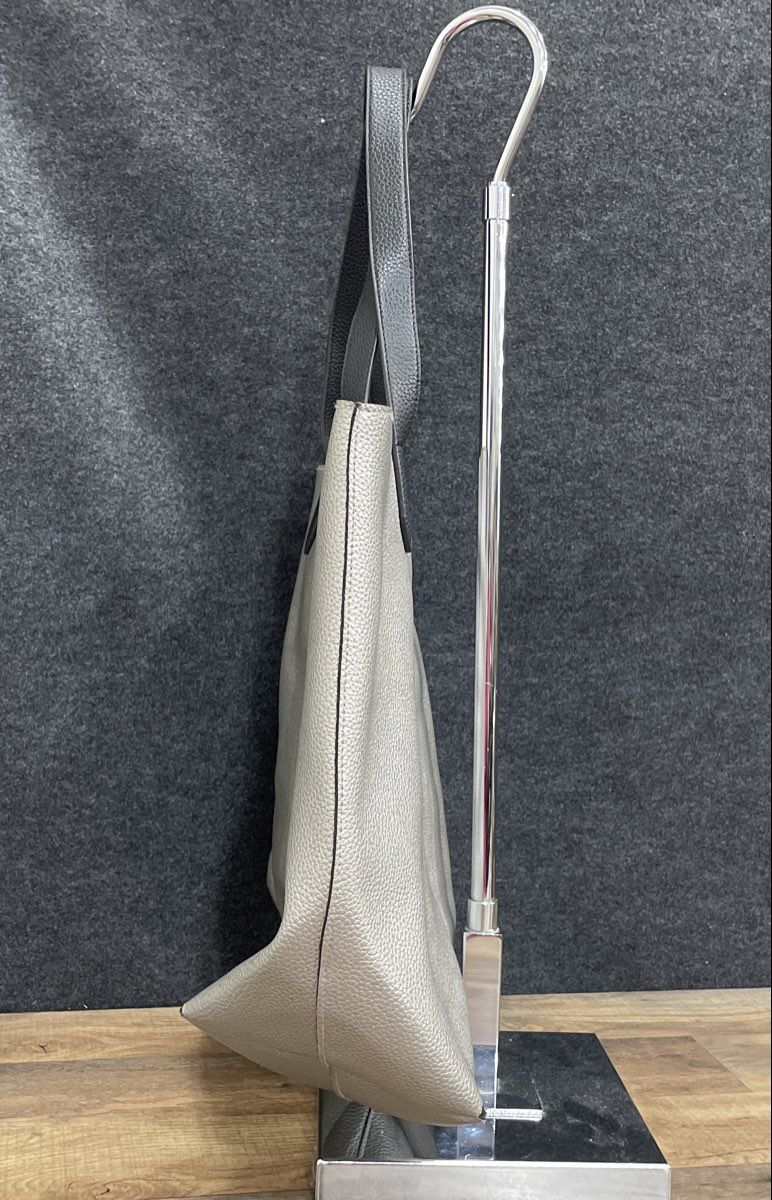 Silver Metallic Pebbled Faux Leather Tote Bag Large Black Handles