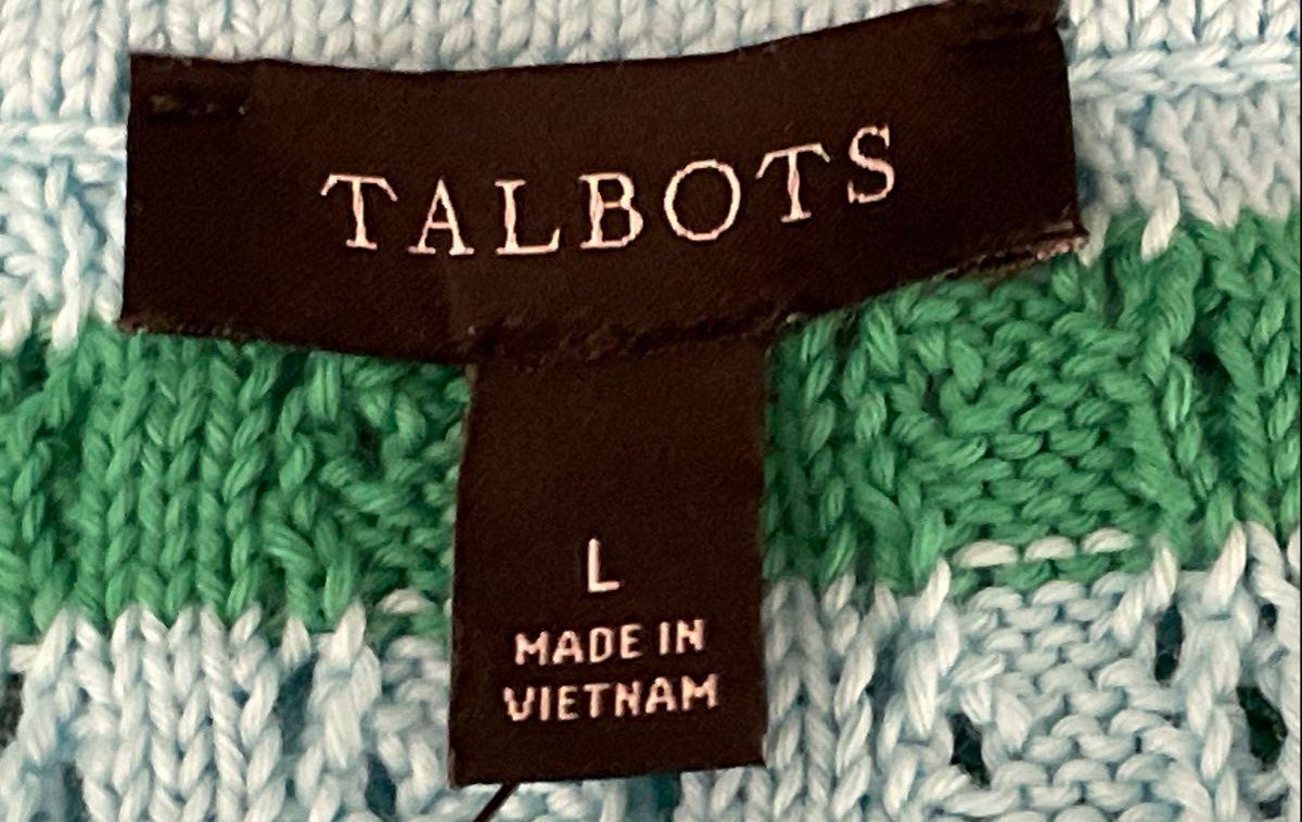 Talbots Women's Light Blue Green Striped Ribbed Cotton Sweater Tank Top Sz L