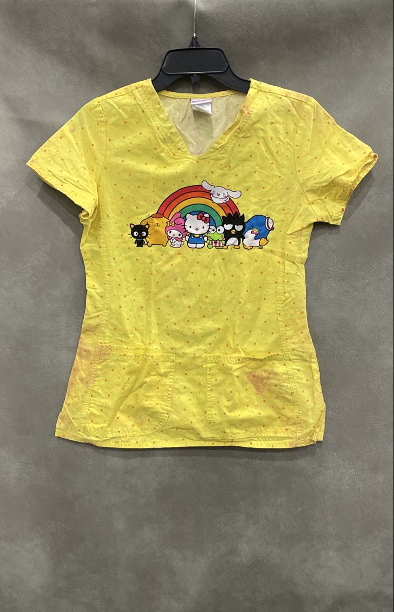 Hello Kitty and Friends Women's Scrub Top Yellow Rainbow Character Graphic Sz S
