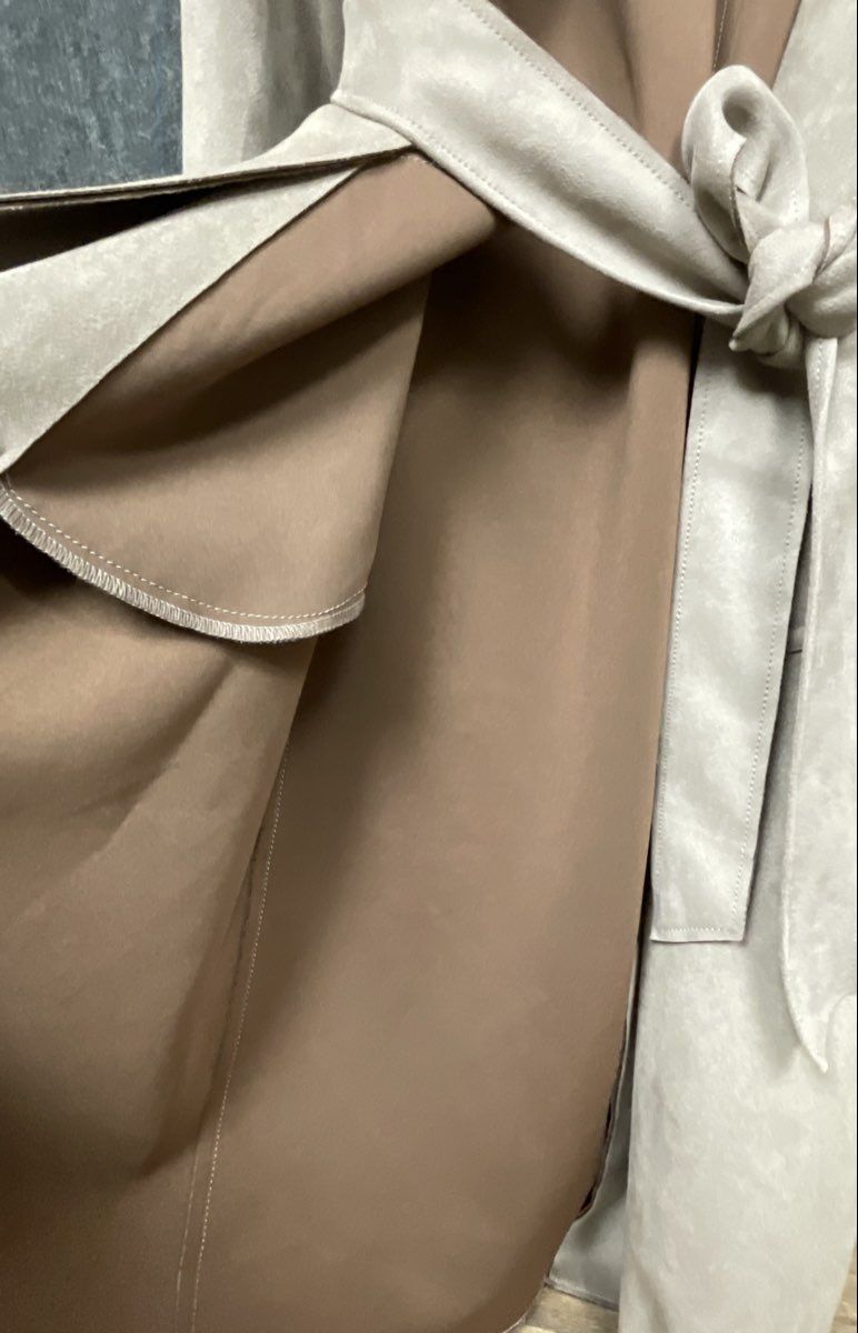 Magaschoni Women's Taupe Faux Suede Belted Wrap Trench Coat Sz M