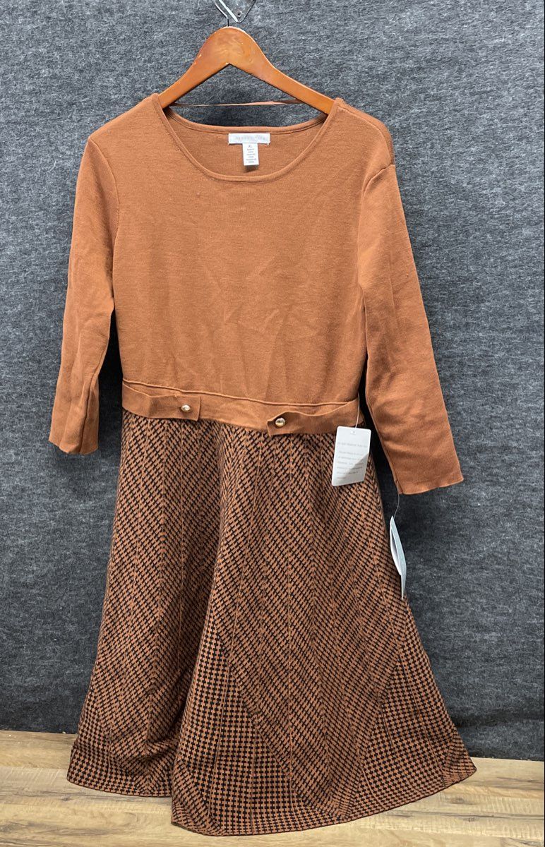 London Times Women's Brown Long Sleeve Houndstooth Fit & Flare Dress XL NWT