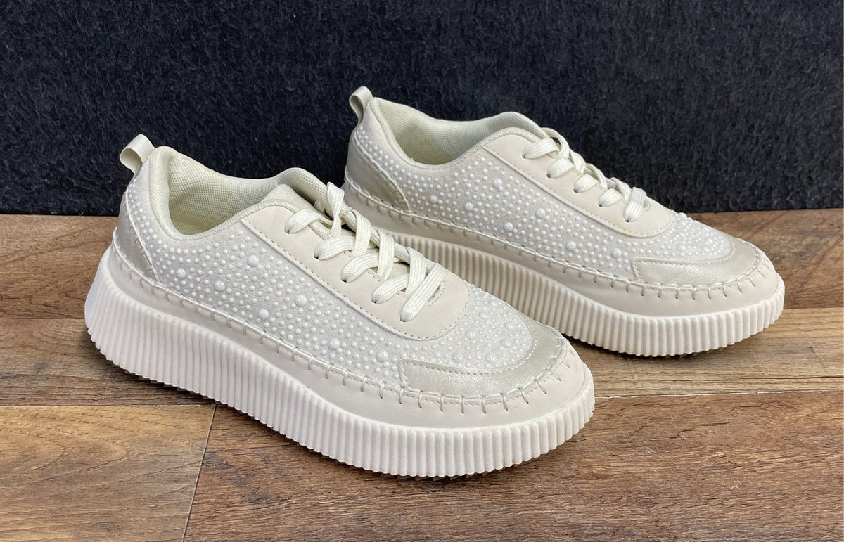 Nicole Miller New York Beaded Cream Platform Fashion Sneakers Women's Size 8.5