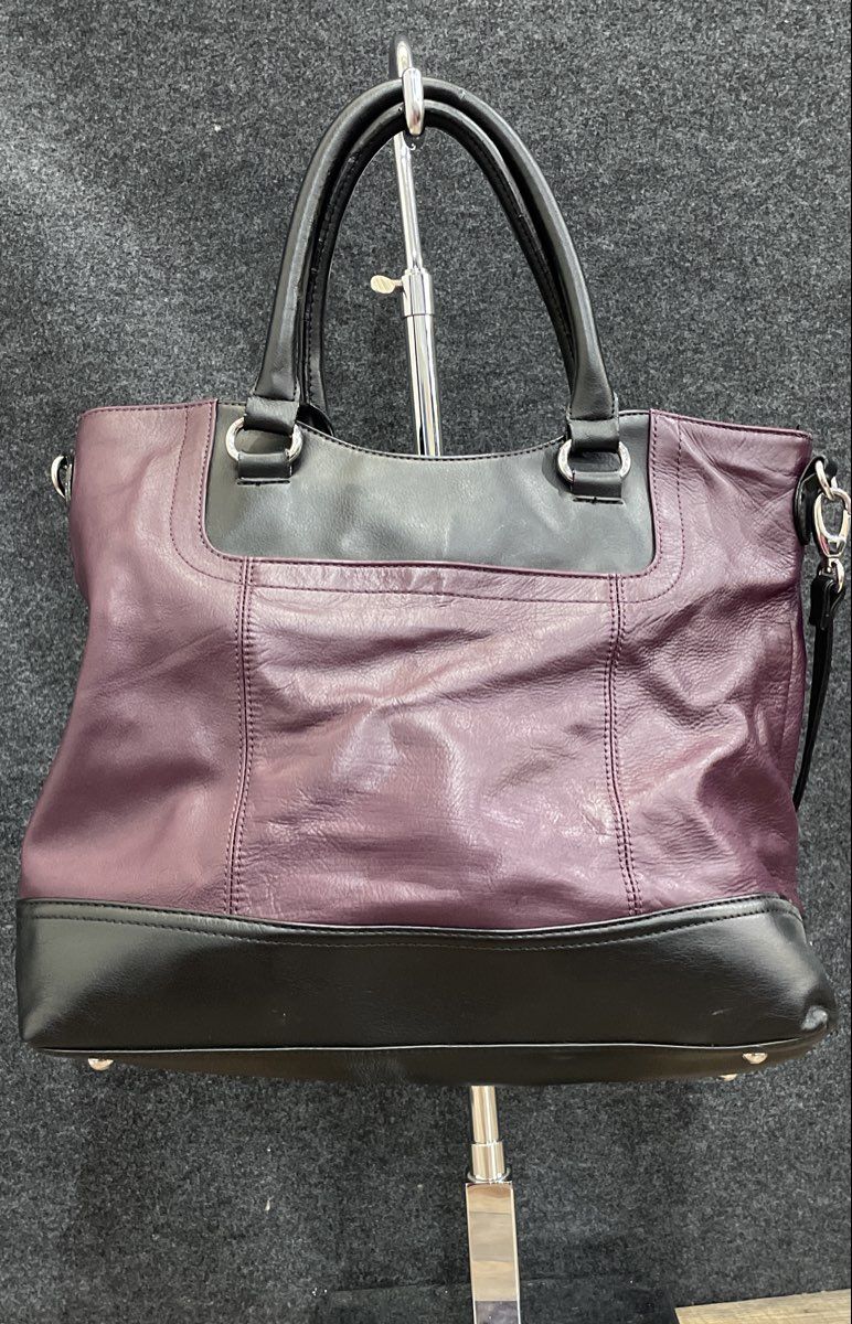 Tignanello Purple Black Leather Tote Bag Shoulder Purse Satchel Large