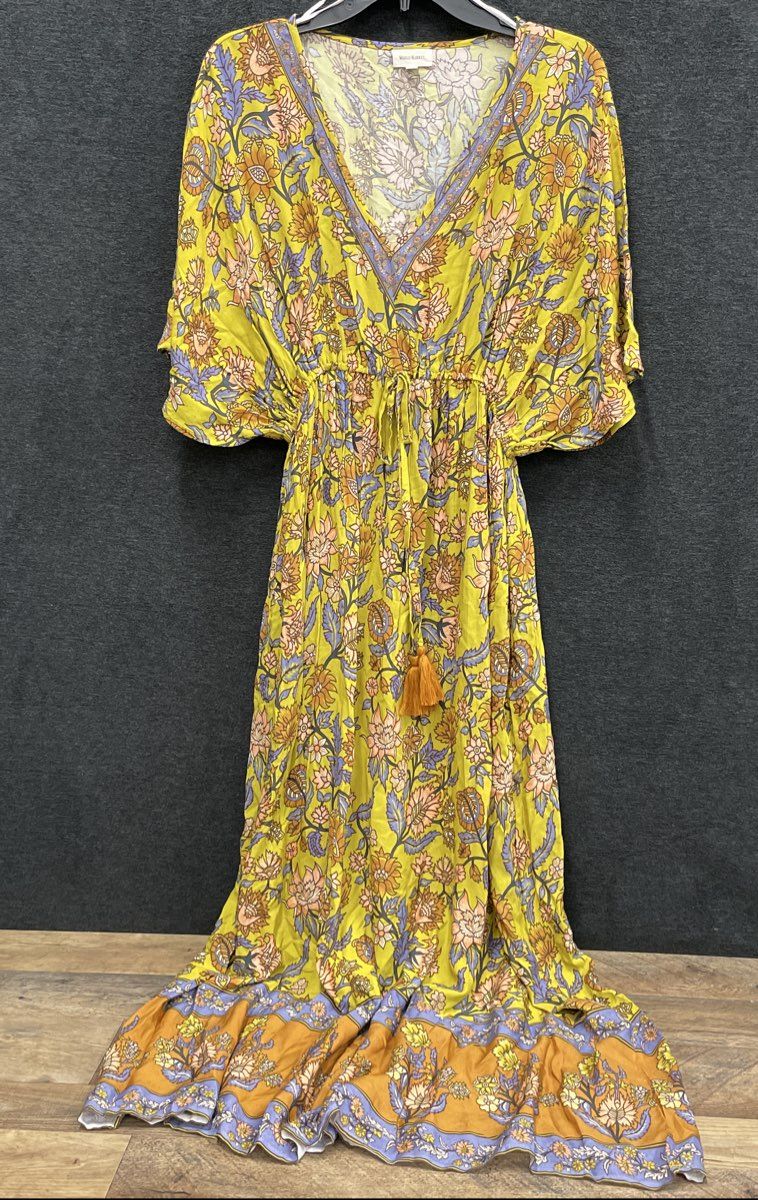 World Market Women's Boho Floral Maxi Dress Yellow Rayon V-Neck Tassel Sz L/XL