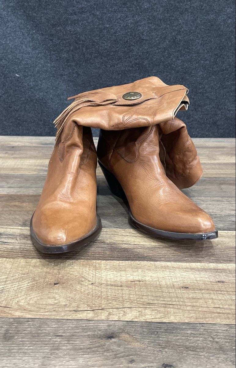 Vintage Durango Tan Brown Leather Slouch Fringe Western Cowboy Boots Size 10