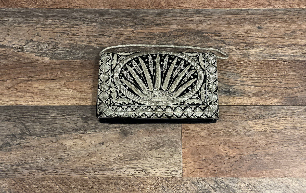 Vintage Black Velvet Hand Embroidered Zardozi Clutch Bag India Silver Metallic