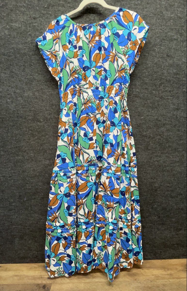 C&C California Women's Blue Tropical Floral Linen Blend Smocked Maxi Dress Sz S