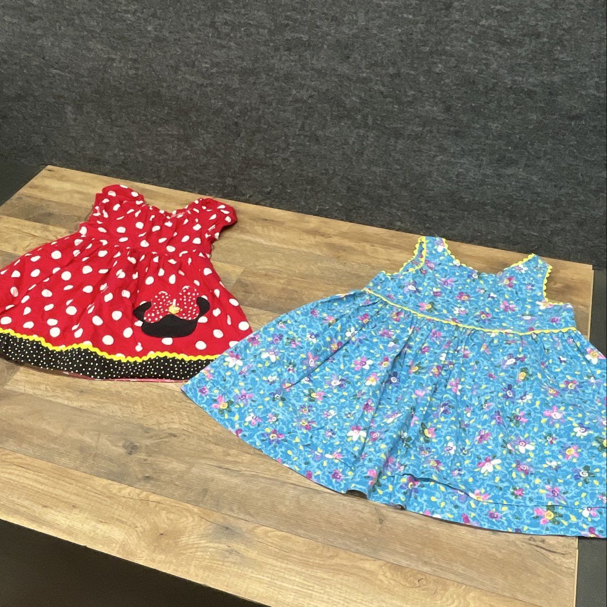 Girls Minnie Mouse Red Polka Dot Dress & Blue Floral Ric Rac Trim Dress Lot