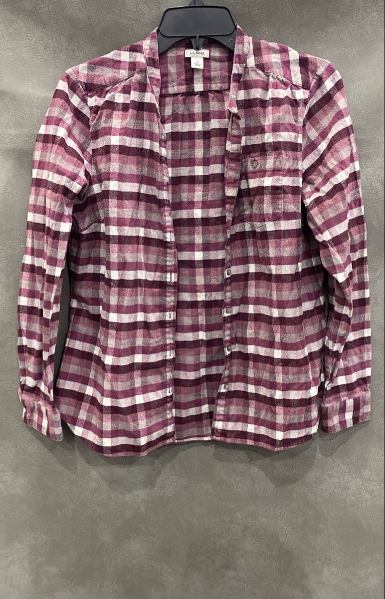LL Bean Women's Magenta Scotch Plaid 100% Cotton Button Up Flannel Shirt Sz S