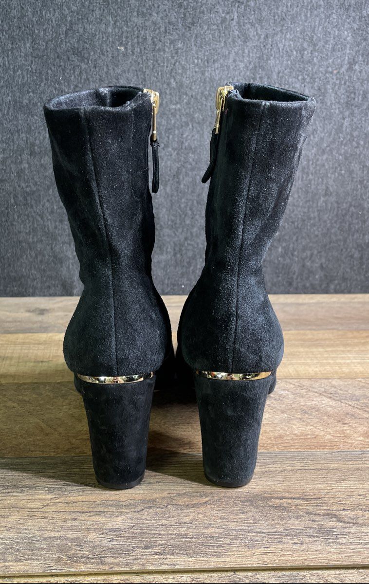 Brian Atwood Black Suede Gold Accent Ankle Booties Size 6.5