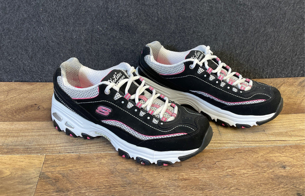 Skechers D'Lites Biggest Fan Black White Pink Walking Sneakers Women's Size 7