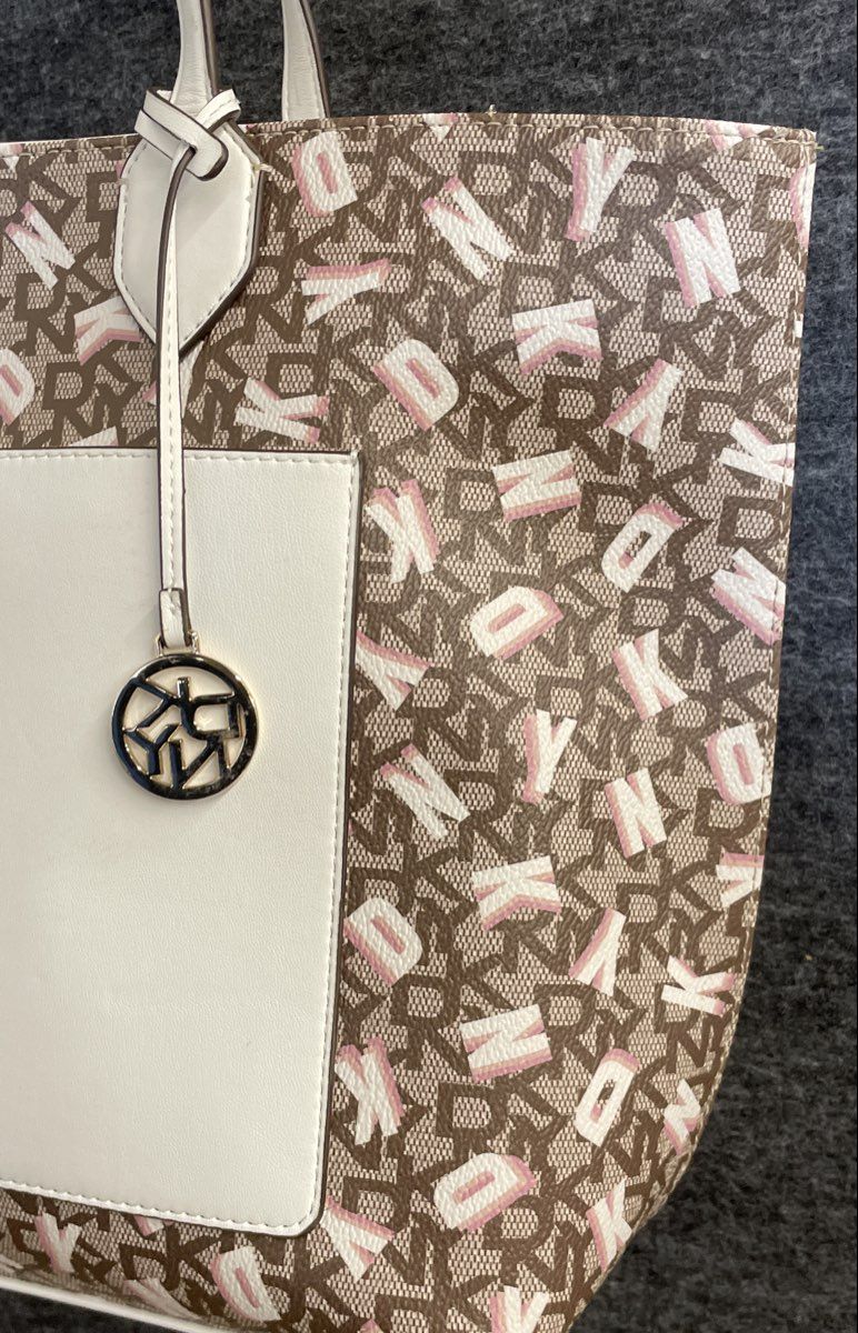 DKNY Brown Pink Monogram Logo Tote Bag White Trim Charm Shoulder Handbag
