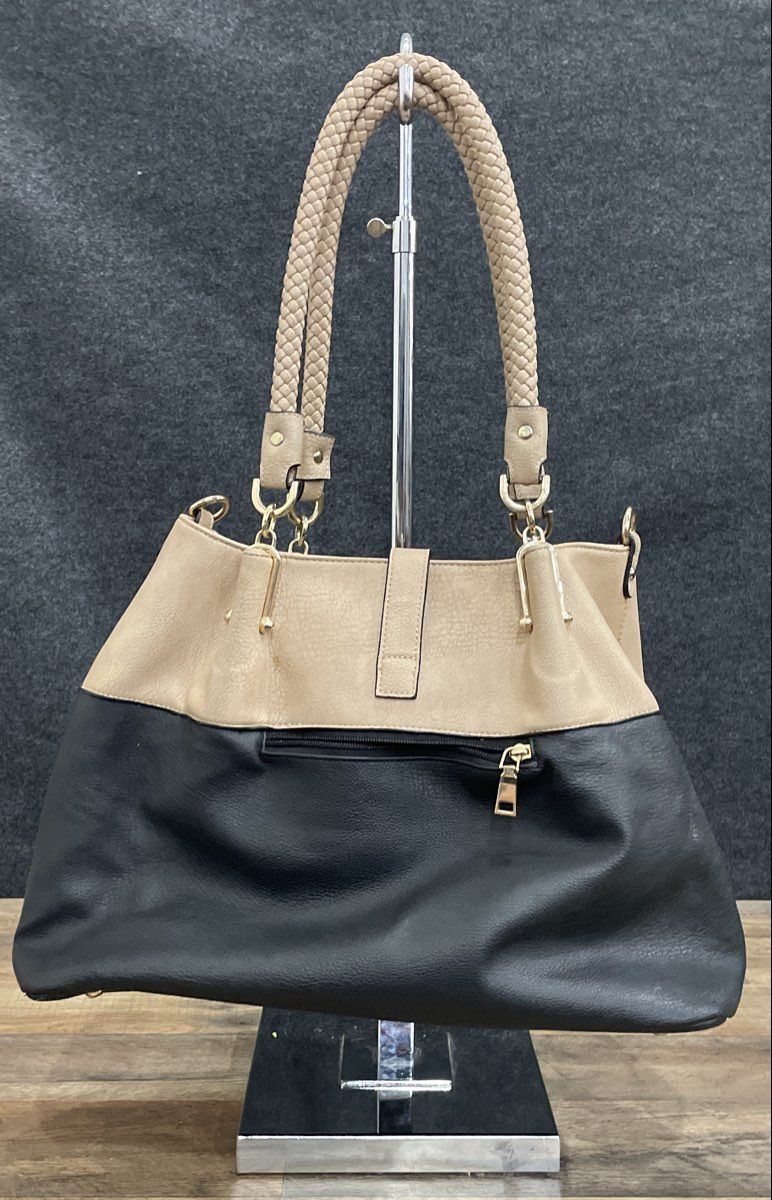 Black Rivet Black Tan Two Tone Pebbled Large Shoulder Tote Bag Braided Gold