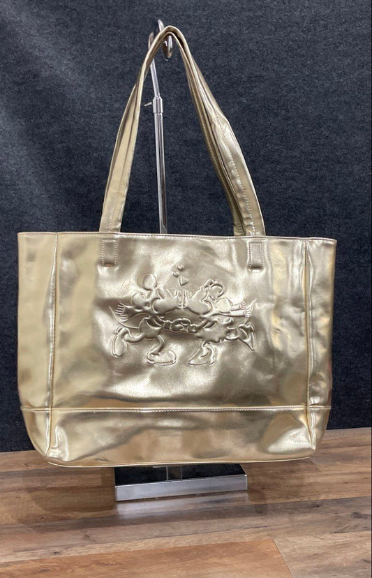 Disney Metallic Gold Mickey Minnie Ice Skating Kiss Shoulder Tote Bag Purse