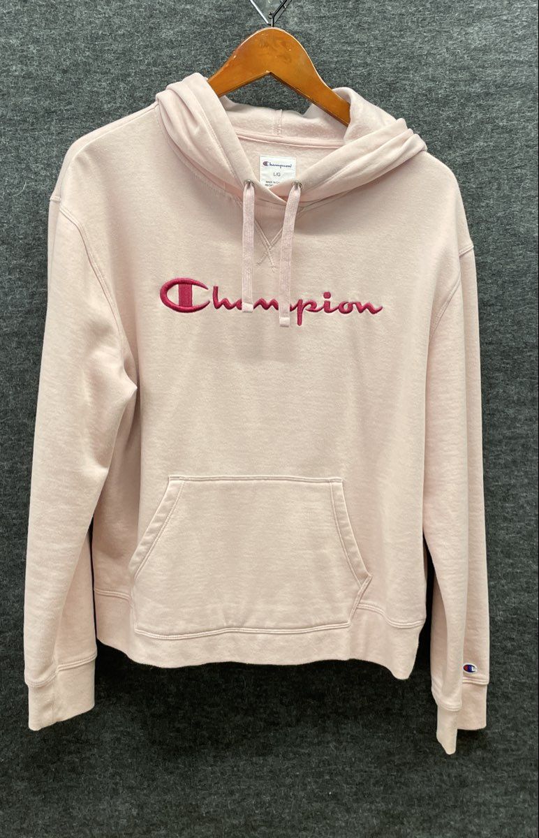 Champion Women's Pink Embroidered Script Logo Fleece Hoodie Kangaroo Pocket Sz L