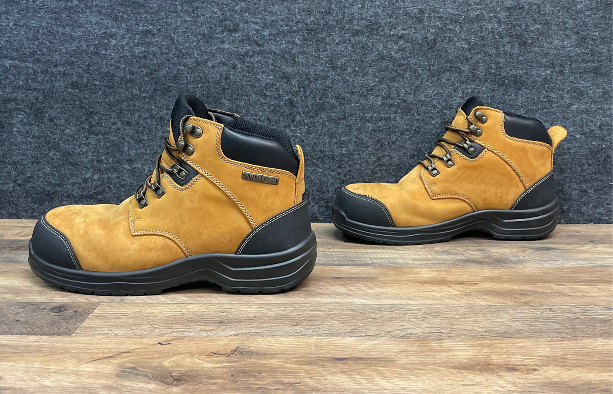 Orthofeet 682 Wheat Leather Waterproof Safety Toe Work Boots Men's Size 9.5 4E