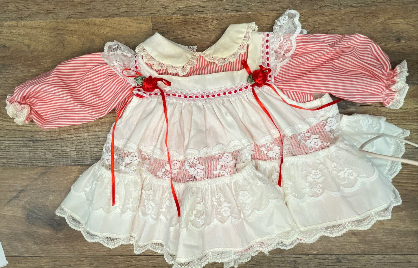 Vintage 80s Bryan Baby Dress Set Red White Striped Lace Pinafore USA Sz 0-3M