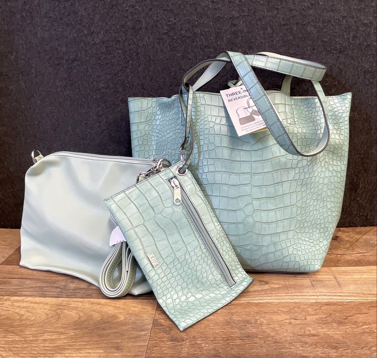 Collection XIIX Mint Green Croc Embossed 3-in-1 Reversible Tote Bag Set NWT