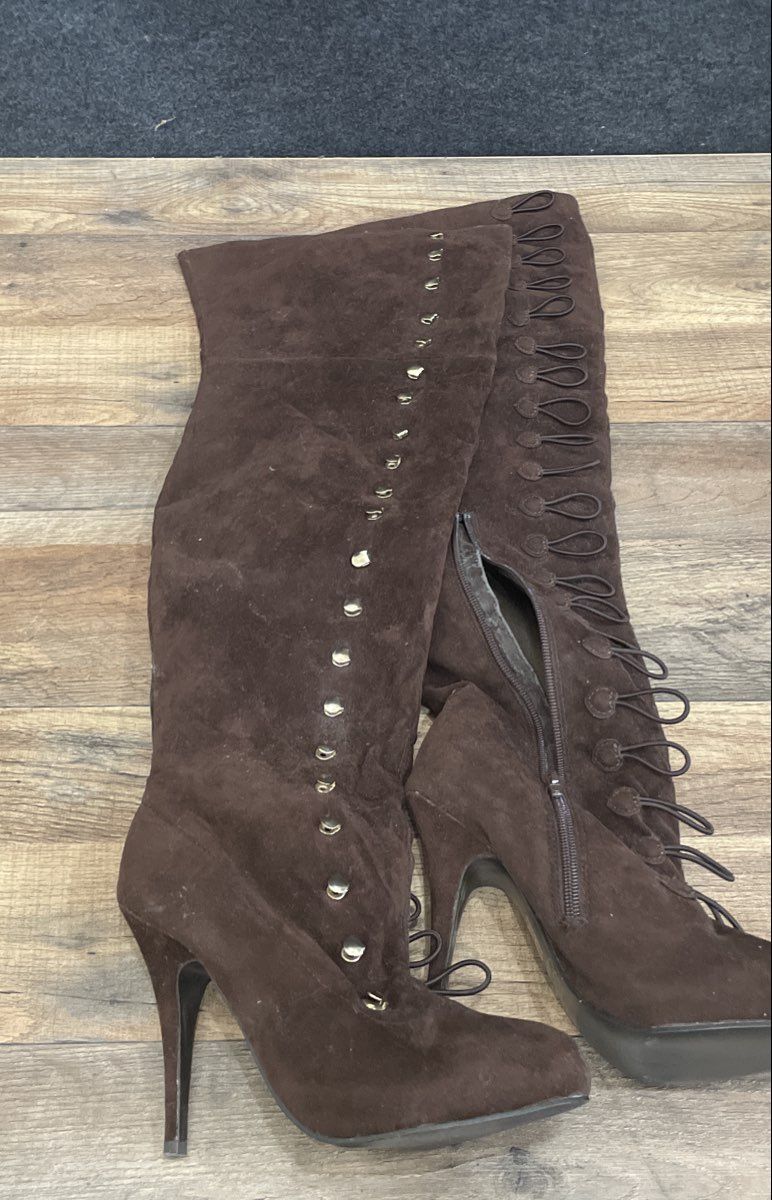 DBDK Fashion Zina-1 Brown Faux Suede Thigh High Stiletto Heel Boots Size 6.5