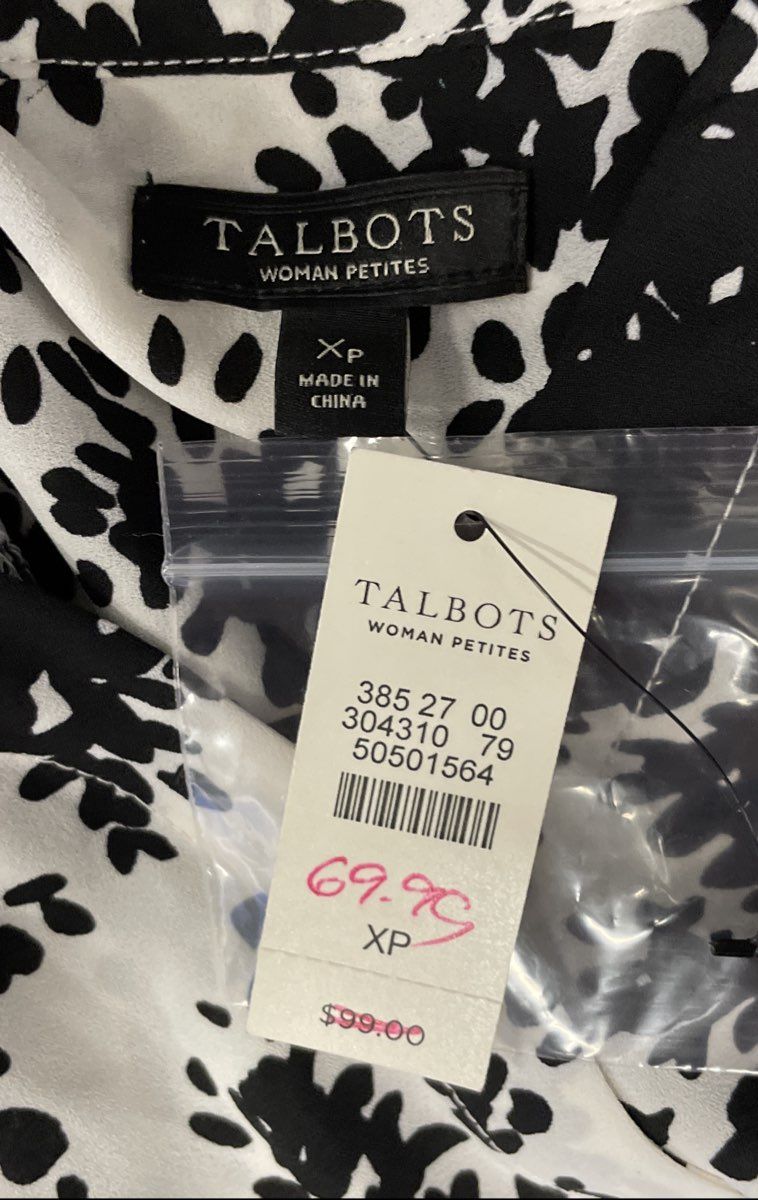 Talbots Women's Petites Black White Abstract Floral Button Front Top Sz XP NWT