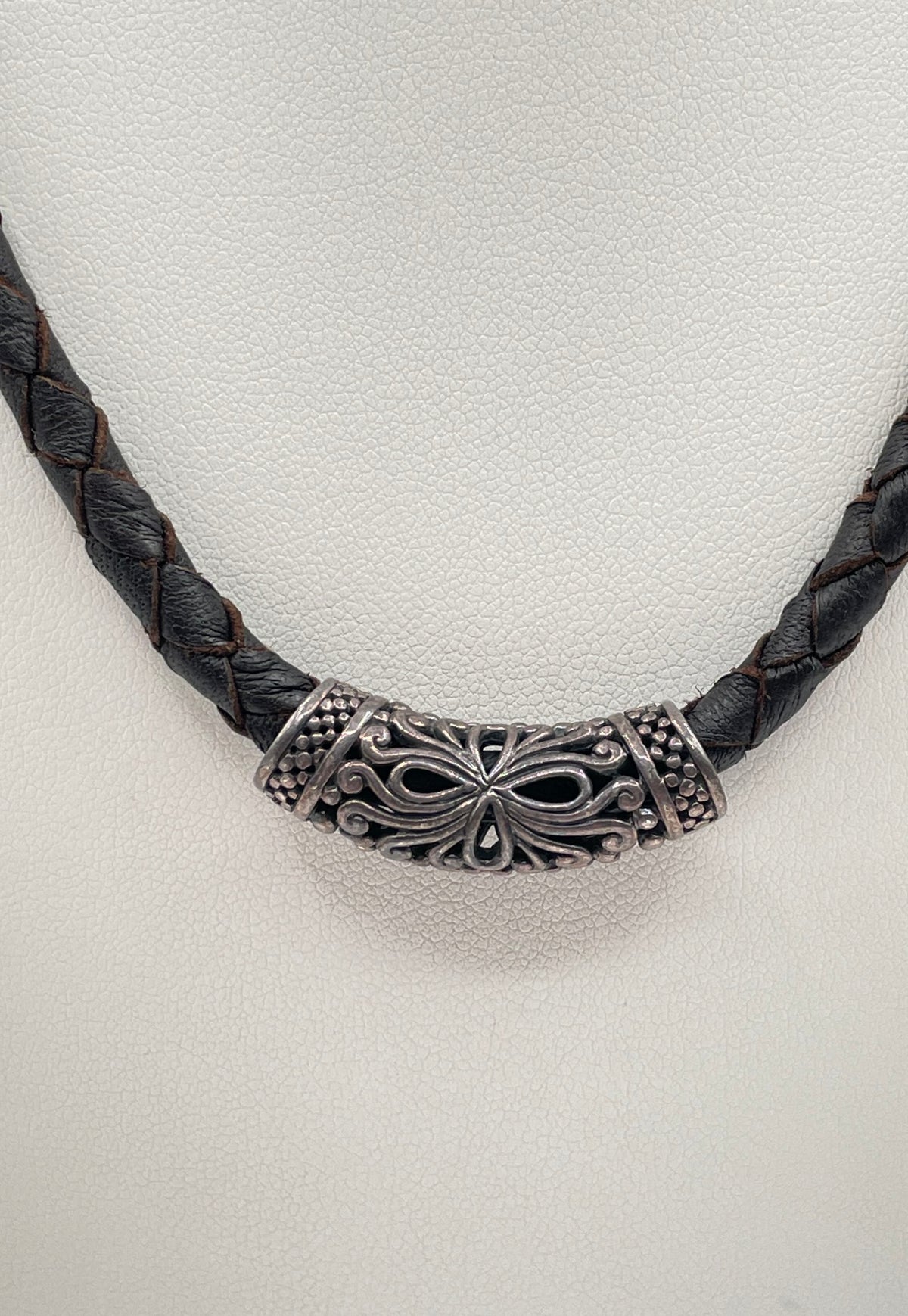 925 Sterling Silver Filigree Tube Bead & Clasp Braided Leather Necklace 15.9g