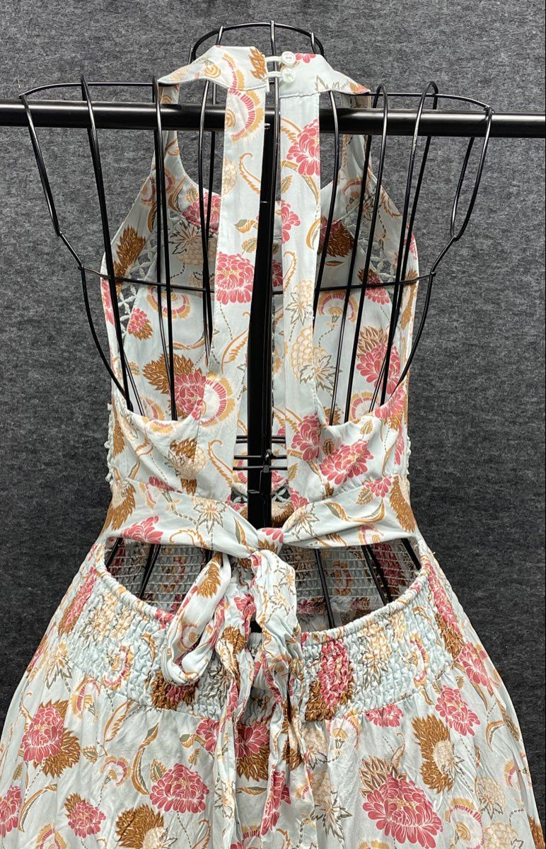 Women's Floral Halter Maxi Dress Blue Pink Crochet Trim Smocked Waist Tie Back