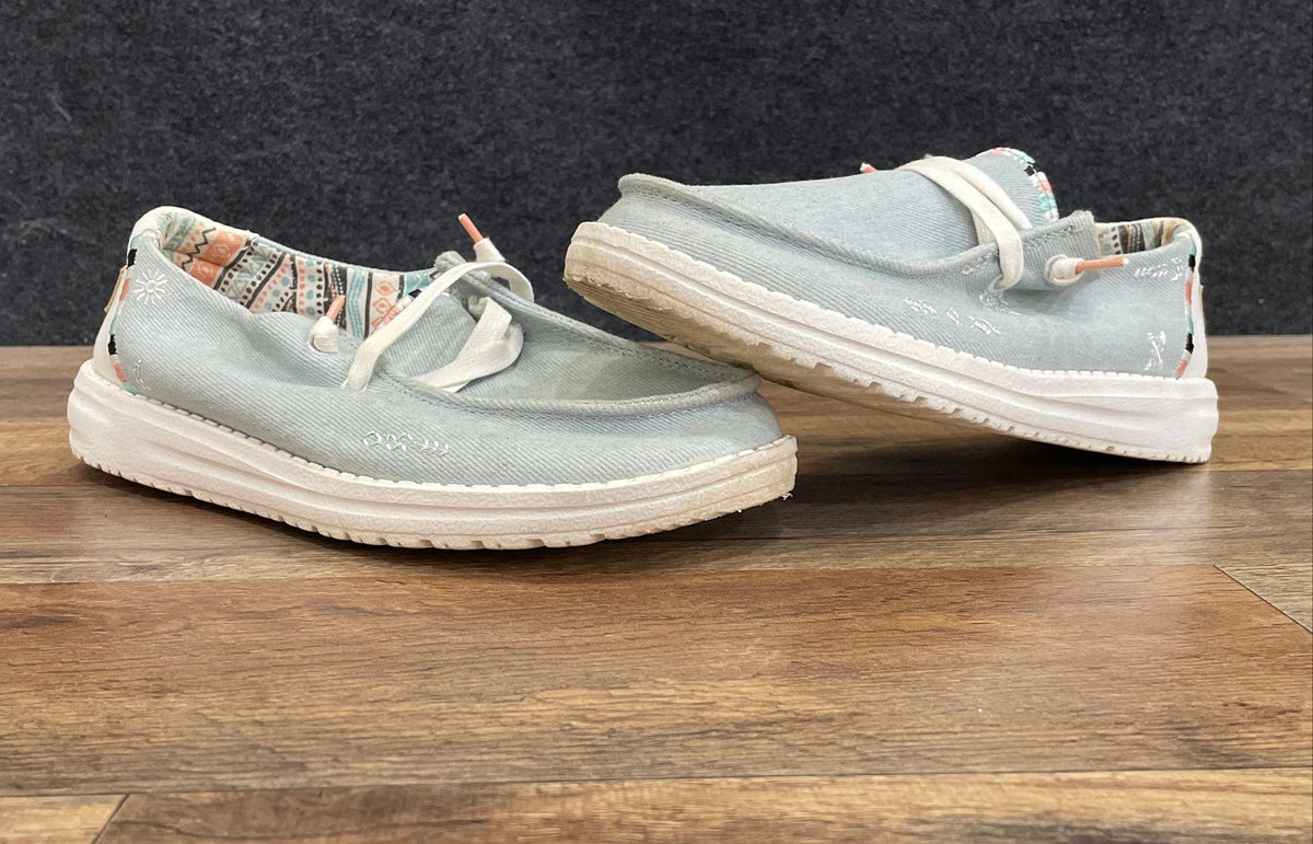 Hey Dude Wendy Boho Light Denim Women's Slip On Loafers Size 6