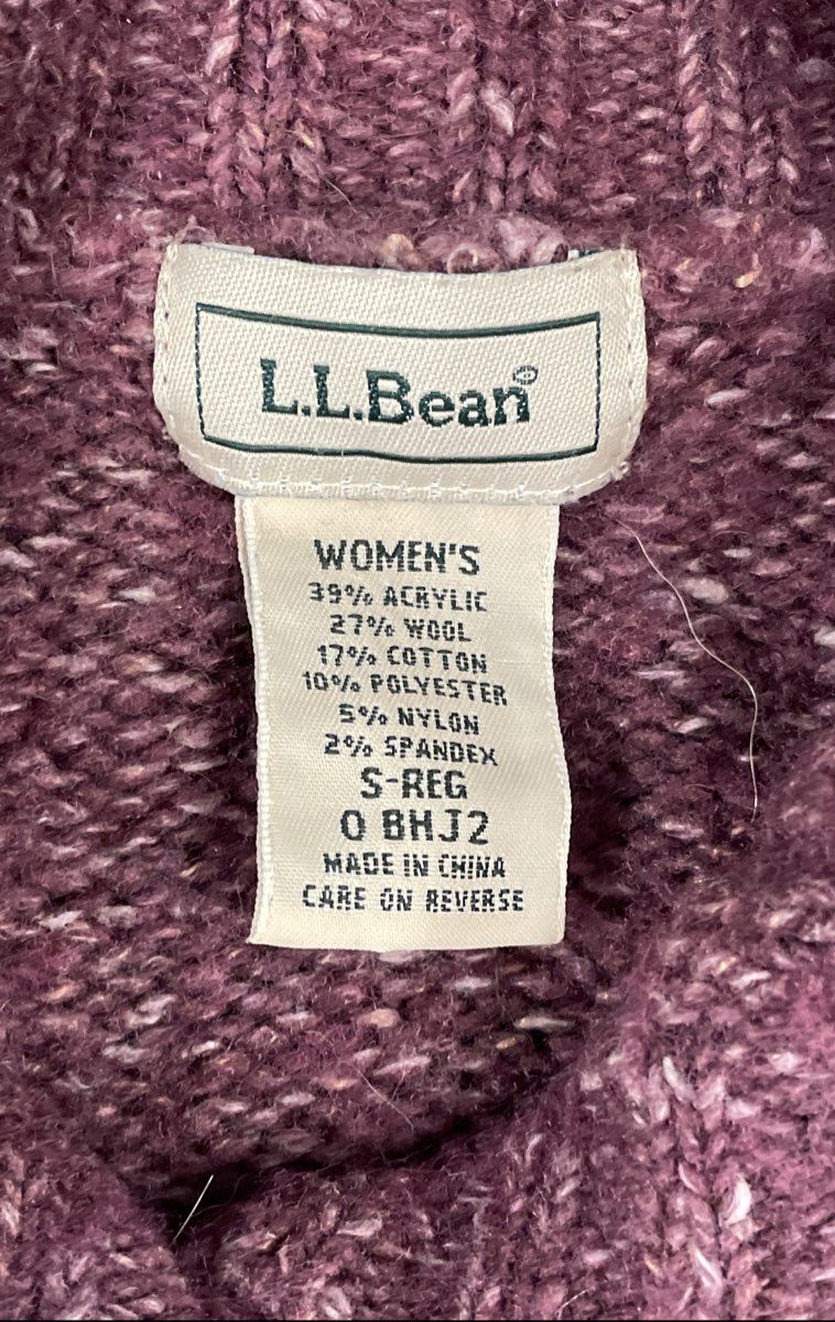 L.L. Bean Women's Cardigan Sweater Purple Marled Cable Knit Wool Blend Sz S