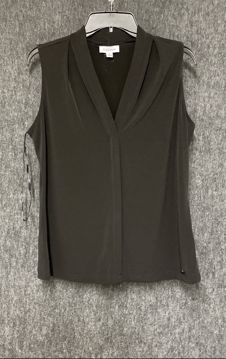 Calvin Klein Women's Black Sleeveless V-Neck Draped Stretch Blouse Top Sz L