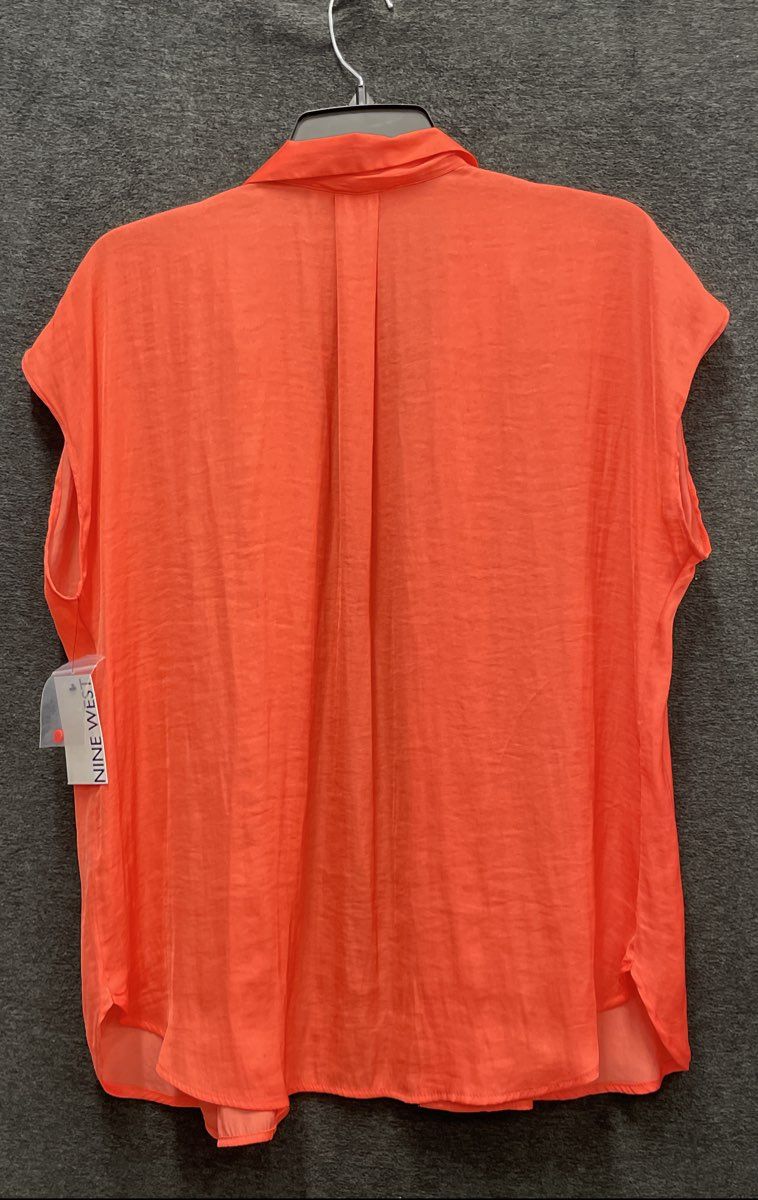 Nine West Women's Coral Orange Textured Short Sleeve Button Down Blouse Sz L NWT