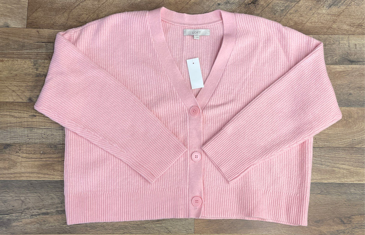 Loft Women's Pink Knit Cardigan V-Neck Button Front Ribbed Sz M NWT
