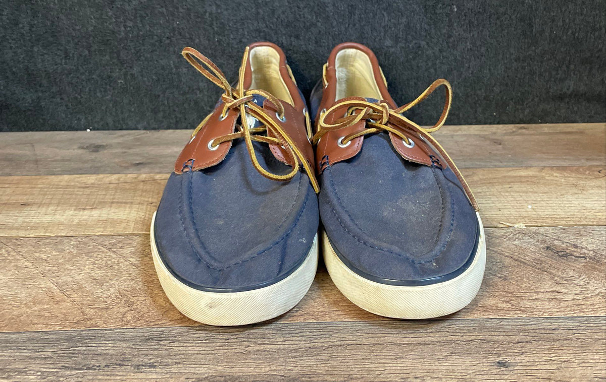 Polo Ralph Lauren Rylander Navy Blue Brown Canvas Boat Shoes Size 14D