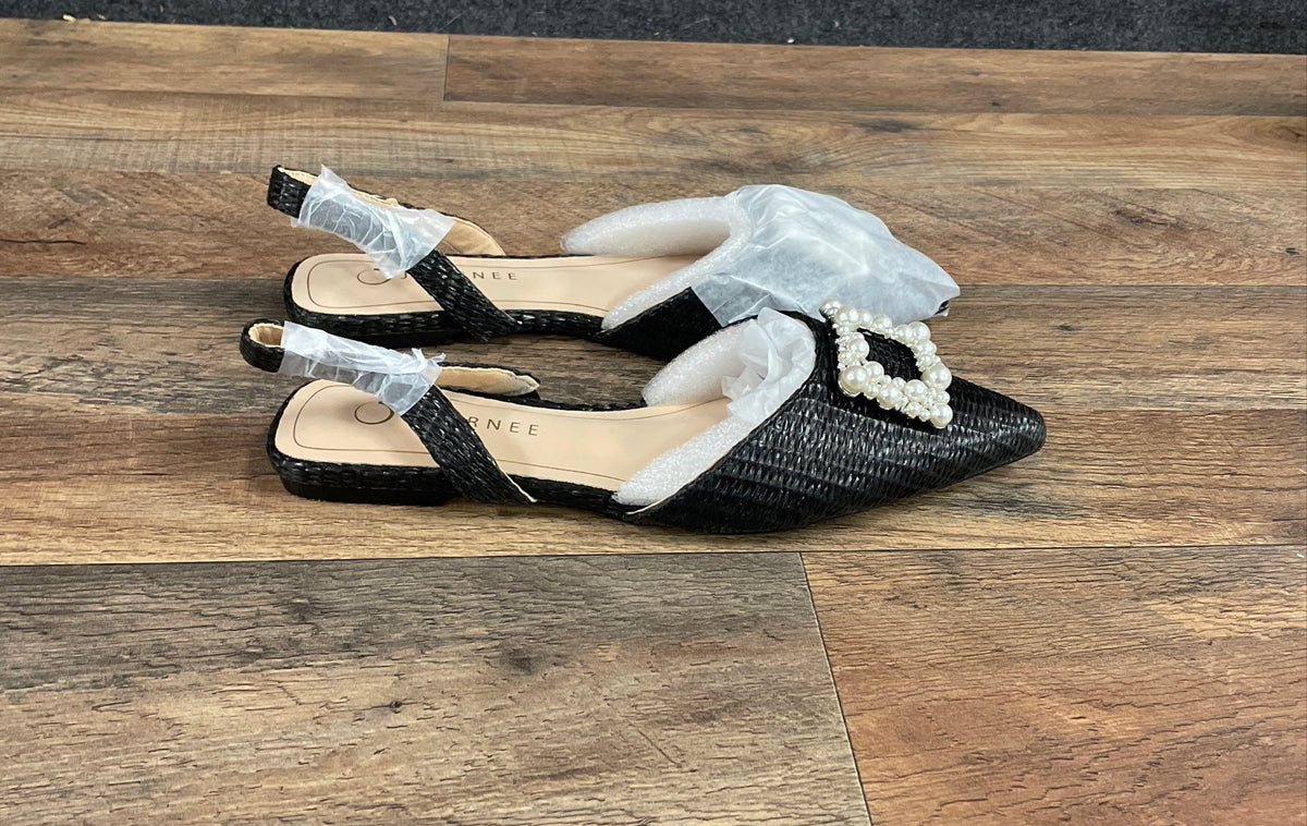 Journee Collection Hannae Black Woven Pearl Buckle Slingback Flats Size 8.5 DS