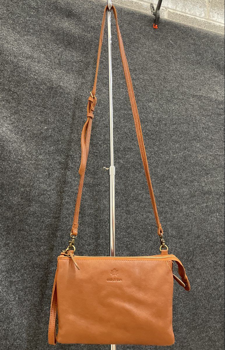 Oak & Tan Brown Leather Triple Gusset Crossbody Bag Wristlet Purse Small