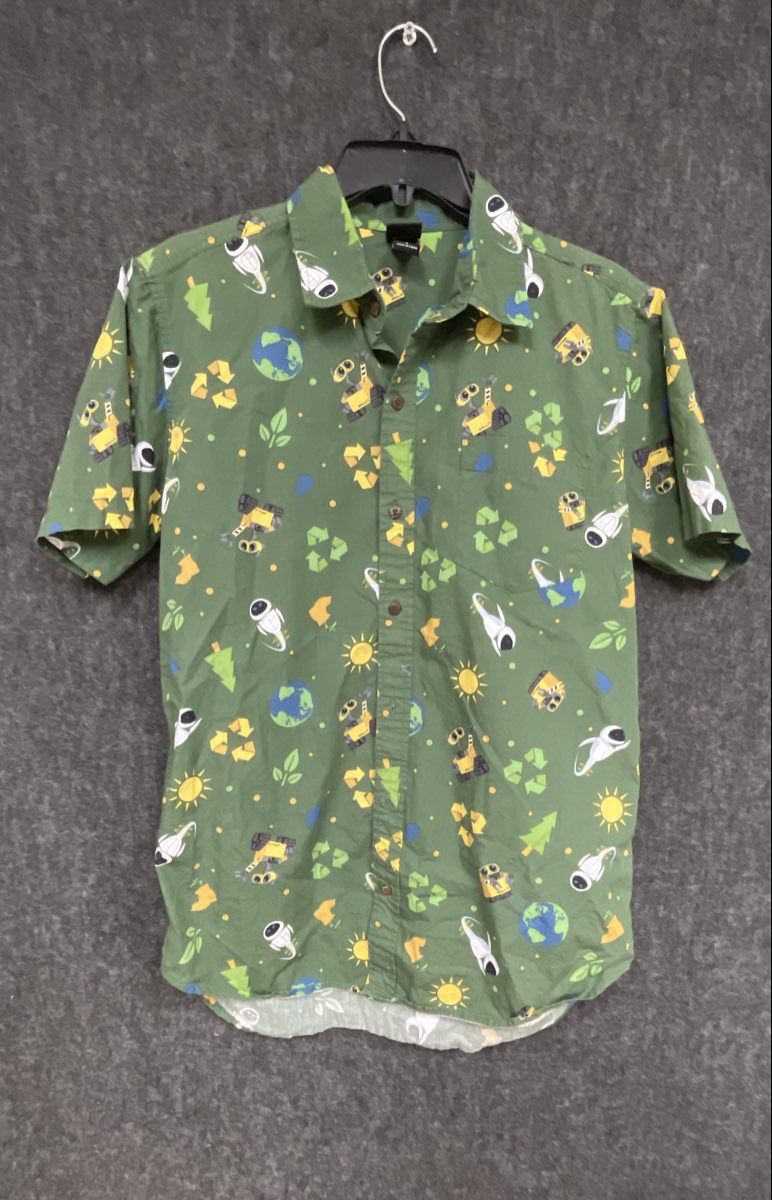 Disney Pixar Wall-E Eve All Over Print AOP Button Down Shirt Green Sz S
