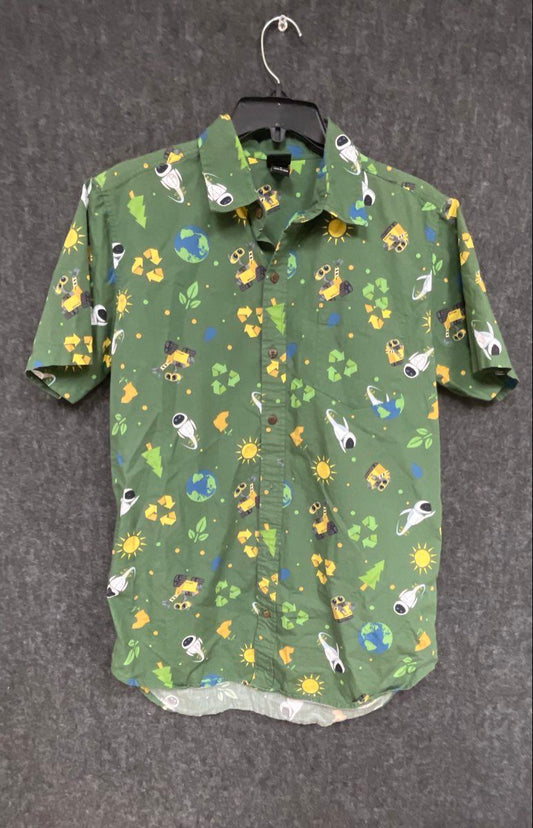 Disney Pixar Wall-E Eve All Over Print AOP Button Down Shirt Green Sz S