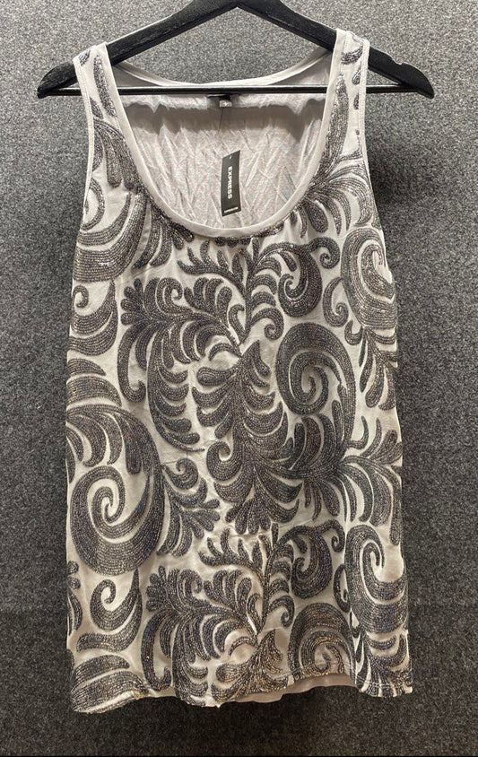Express Women's Grey Metallic Embroidered Scroll Tank Top Size L NWT