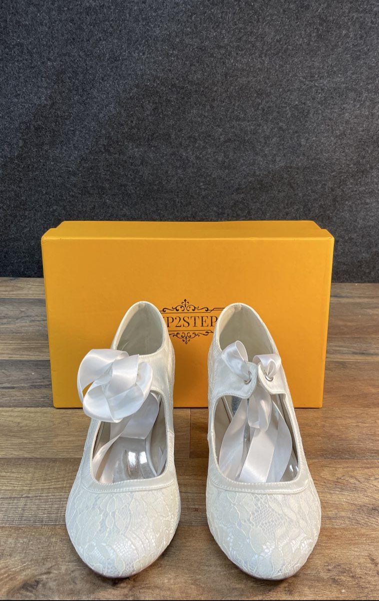 Up2step White Floral Lace Mary Jane Ribbon Bow Bridal Wedding Pumps Size 37 DS