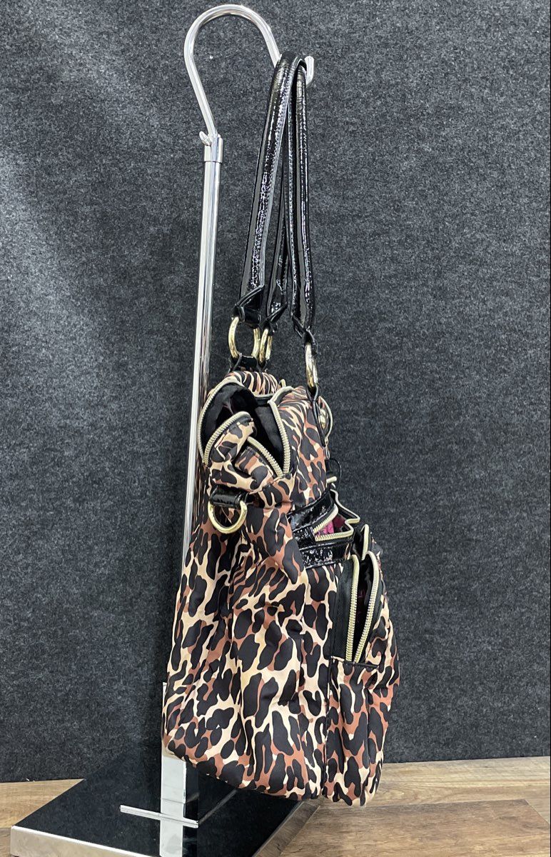 Betsey Johnson Cheetah Print Fabric Satchel Tote Bag Multi-Pocket Gold Hardware