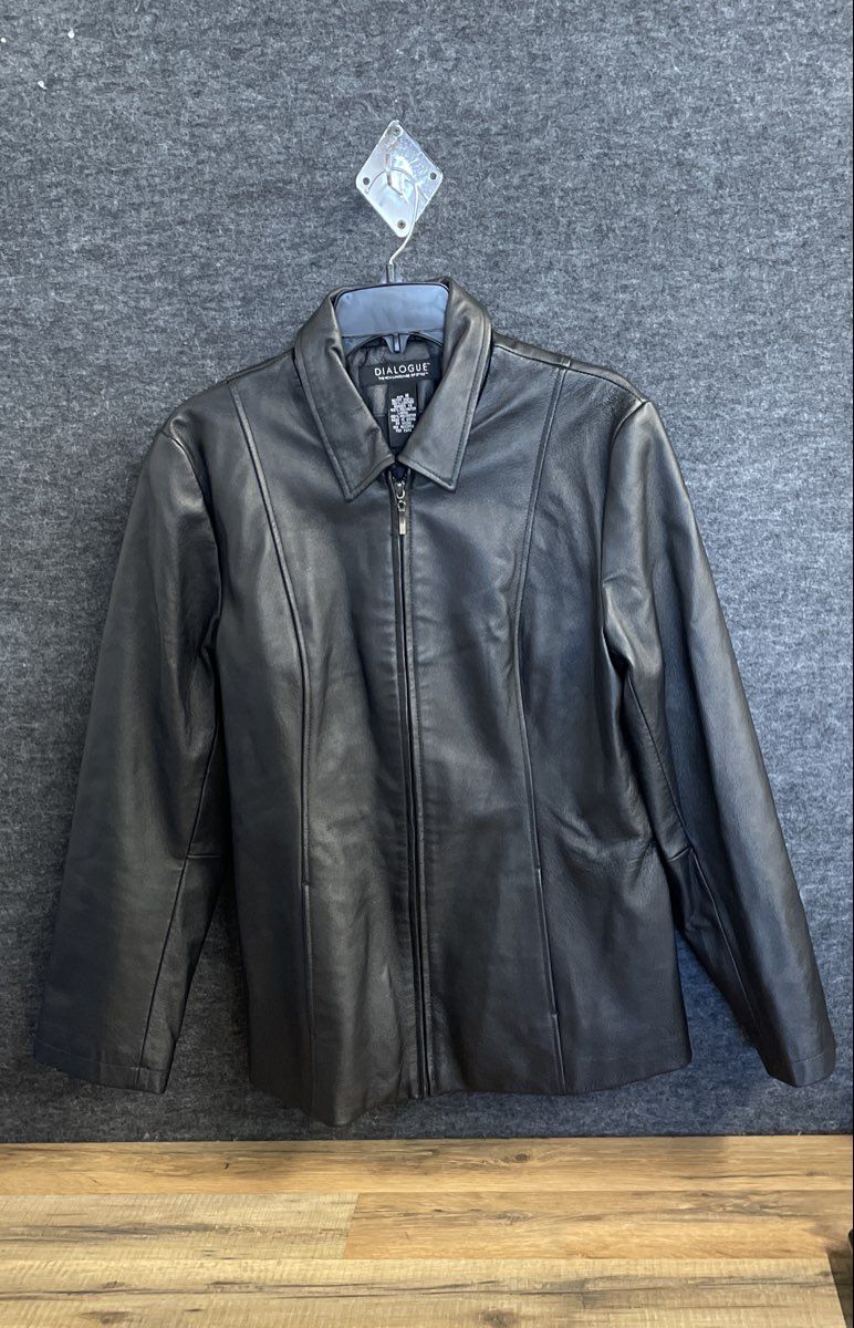 Dialogue Women's Black Bonded Leather Full Zip Jacket Collared Size M