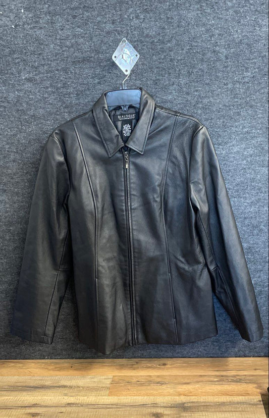 Dialogue Women's Black Bonded Leather Full Zip Jacket Collared Size M