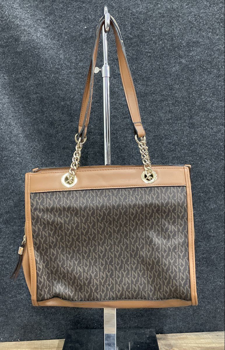 Jones New York Signature Brown Black Leather Monogram Tote Bag Gold Hardware