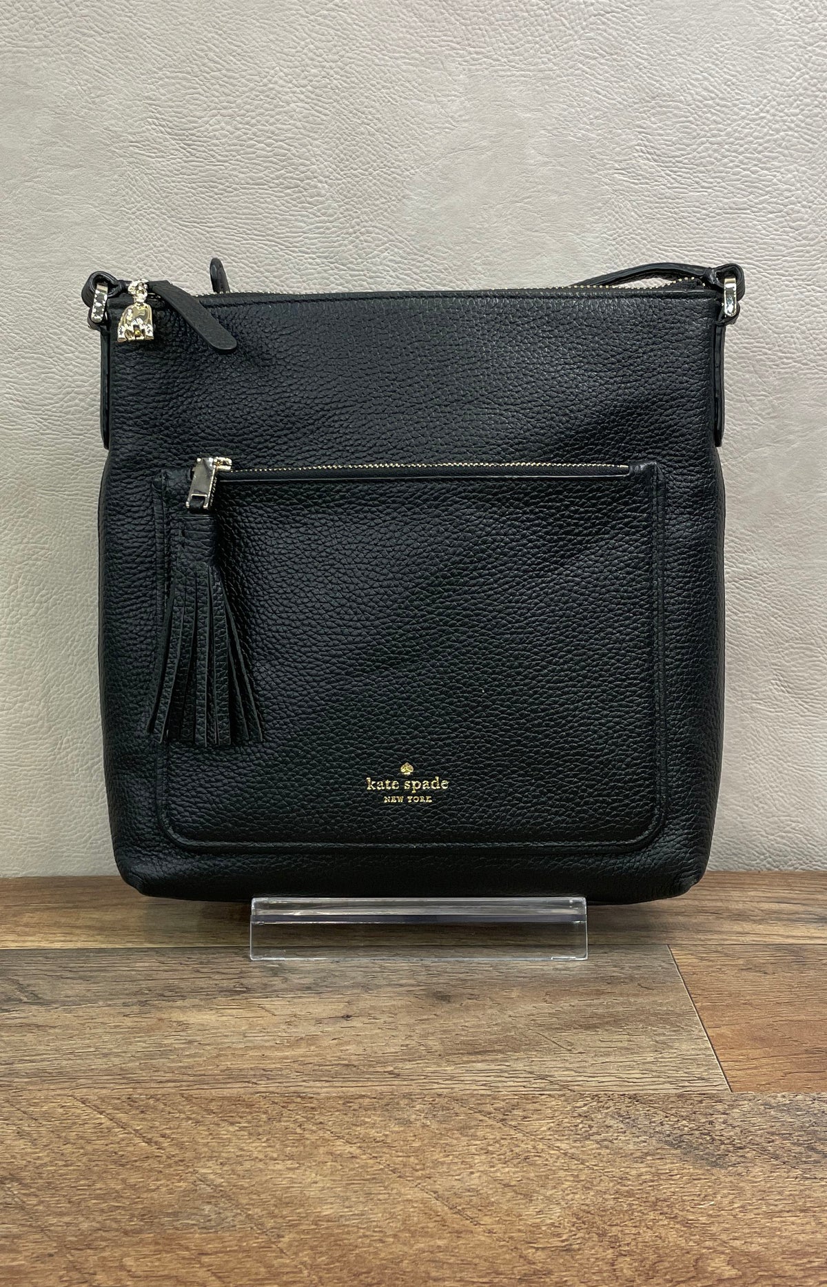 Kate Spade Black Pebbled Leather Crossbody Bag Gold Hardware Tassel