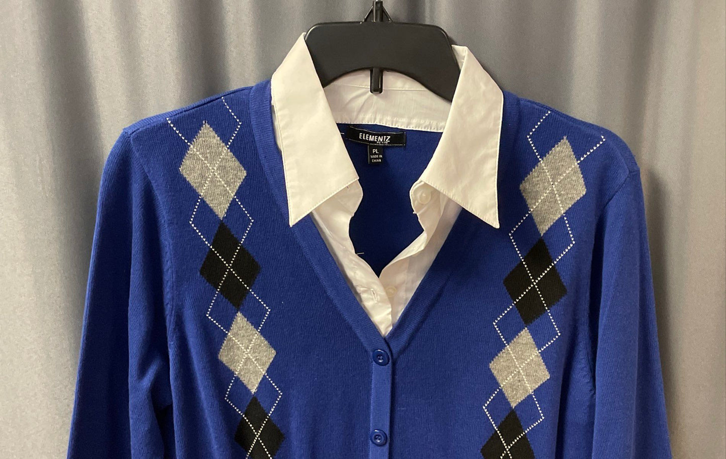 Elementz Women's Blue Argyle Mock Layer Cardigan Shirt NWT Petite Large