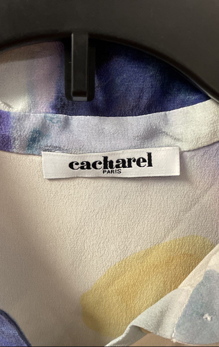 Cacharel Women's White Multicolor Silk Watercolor Abstract Blouse Shirt Sz 36
