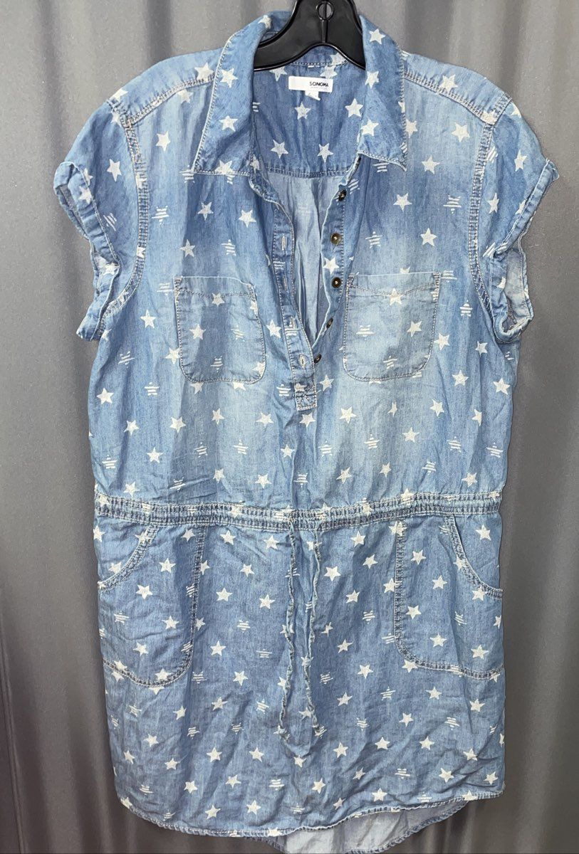 Sonoma Women's Blue Star Print Short Sleeve Button Front Drawstring Dress Sz L
