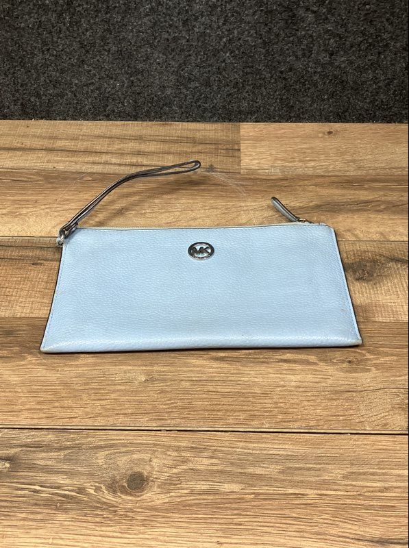 Michael Kors Light Blue Pebbled Leather Large Wristlet Pouch Silver Hardware