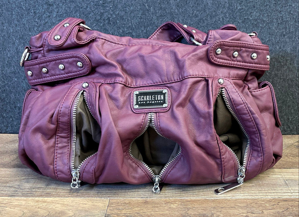 Scarleton Maroon Studded Vegan Leather Shoulder Bag Satchel Silver Hardware